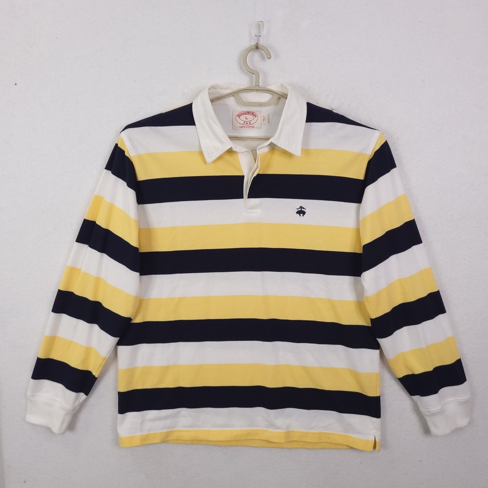 Brooks Brothers Rugby Shirt Mens Large Yellow Navy Blue Striped Long Sleeve Polo
